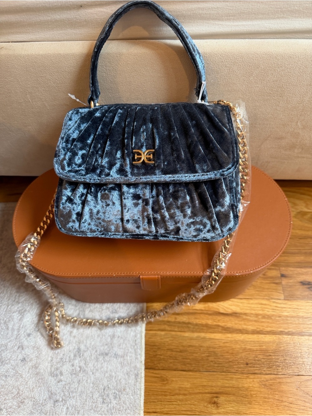 Sam Edelman Blue Crushed Velvet Pleated Shoulder Bag with Gold Chain
